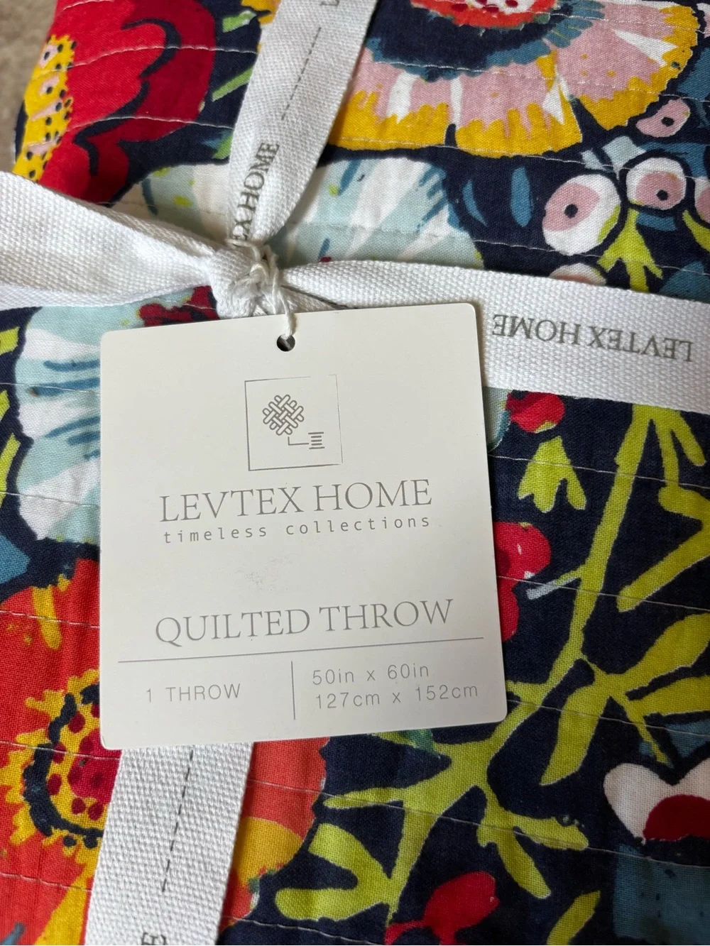 Levtex Navy Night Garden Floral Quilted Throw Blanket Red Yellow & Green Accents